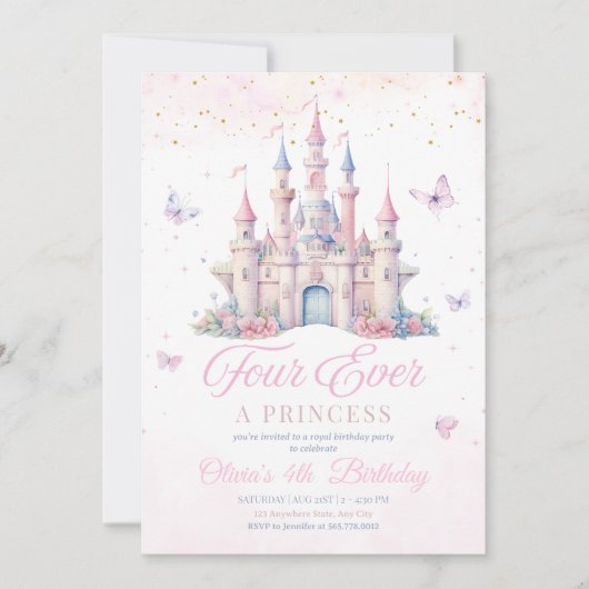 Four Ever Princess Birthday Fairytale Castle Girls Einladung (Vorderseite)