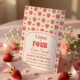 Four Ever Sweet Pink Strawberry Girl 4. Geburtstag Einladung