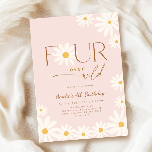FOUR ever Wild Daisy Floral 4th Birthday Einladung