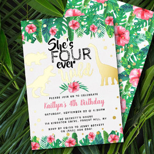Four Ever Wild Dinosaur Girls 4. Geburtstag Echt Folieneinladung