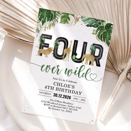 Four Ever Wild Party Animals 4th Birthday Einladung