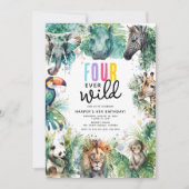 Four Ever Wild Safari Animals Cool 4th Birthday Einladung (Vorderseite)