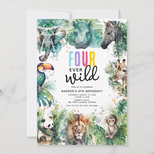 Four Ever Wild Safari Animals Cool 4th Birthday Einladung (Vorderseite)
