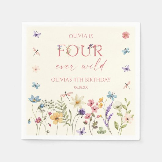 Four Ever Wild Wildflower 4th Birthday Party Serviette (Vorderseite)