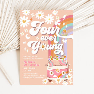 Four Ever Young Groovy Daisy Rainbow 4. Geburtstag Einladung