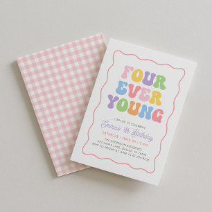 Four Ever Young Pink Gingham Girls 4. Geburtstag Einladung