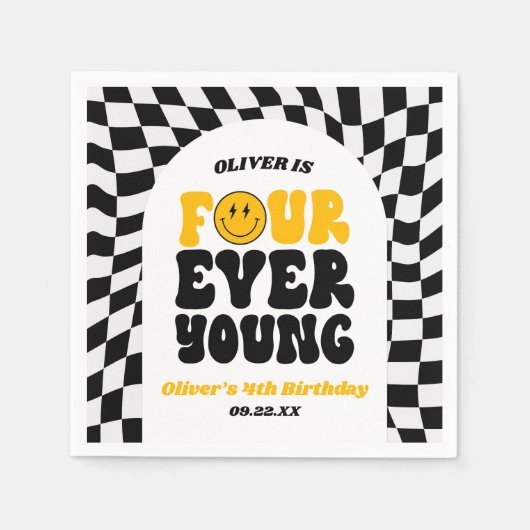 Four Ever Young Retro Fourth 4th Birthday Party Serviette (Vorderseite)