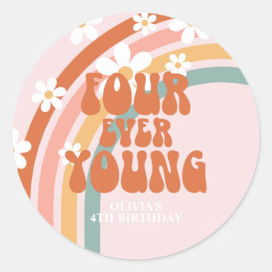 Four Ever Young Retro Regenbogen 4. Geburtstag Runder Aufkleber