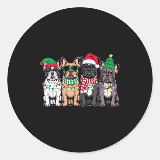 Four French Bulldog Dogs Christmas Funny Santa Rei Runder Aufkleber (Vorderseite)