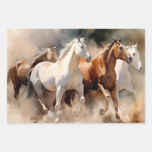 "Four Galloping Mustangs" Dusty Western Wassercolo Geschenkpapier Set (Vorderseite)