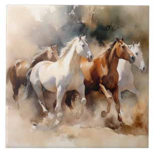 „Four Galloping Mustangs“ Staubige westliche Aquar Fliese