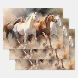 „Four Galloping Mustangs“ Staubige westliche Aquar Geschenkpapier Set