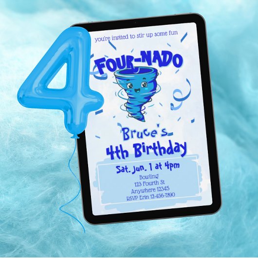 Four-Nado Blauer Tornado 4. Geburtstag Einladung