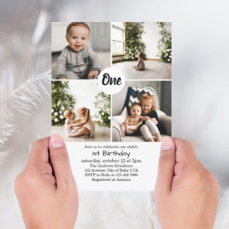 Four Square Fotos Collage 1st Birthday Einladung