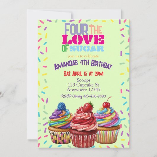 Four the Love of Sugar, Cupcake 4th Birthday Einladung (Vorderseite)