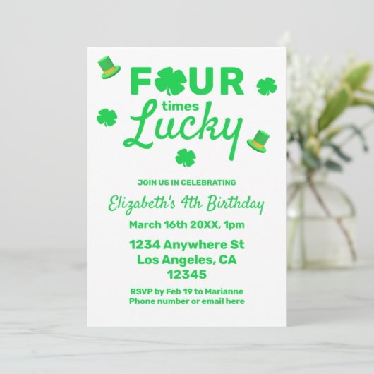 Four Times Lucky 4th Birthday Einladung (Stehend Vorderseite)