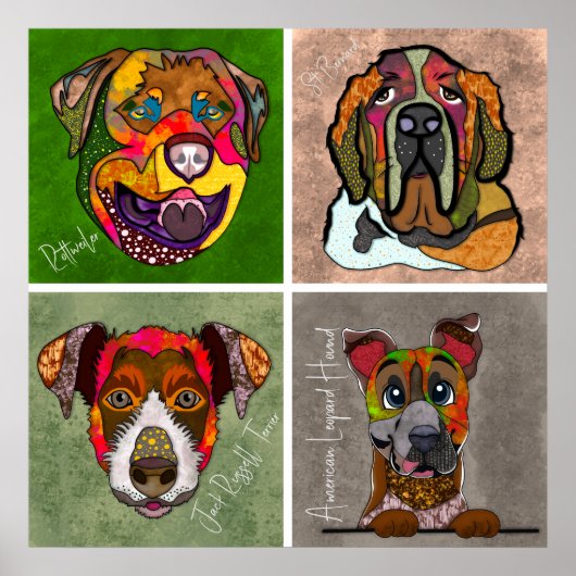 Four ugly dog faces unique abstract art poster (Vorne)