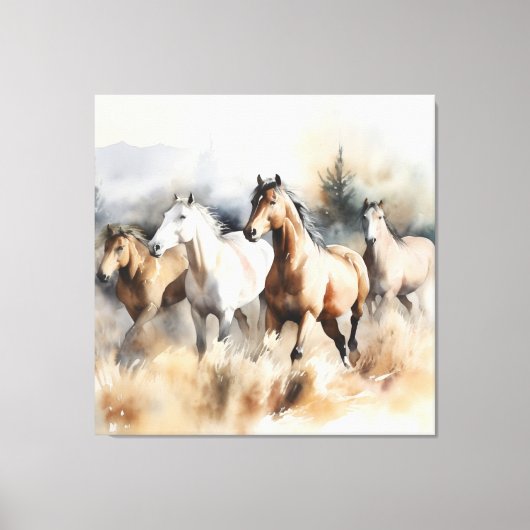 "Four Wild Mustangs" Dusty Western Wassercolor Leinwanddruck (Vorderseite)