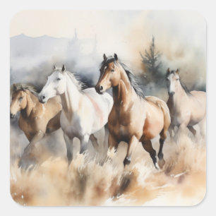 "Four Wild Mustangs" Dusty Western Wassercolor Quadratischer Aufkleber