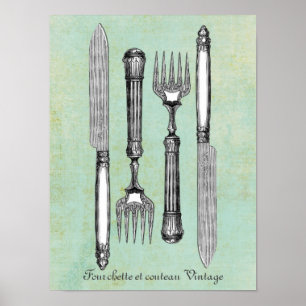 Fourchette et couteau Vintag Poster