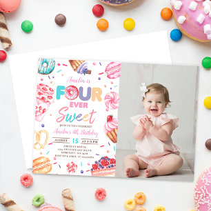 Fourever Sweet Donut Candy 4. Geburtstag Foto Einladung