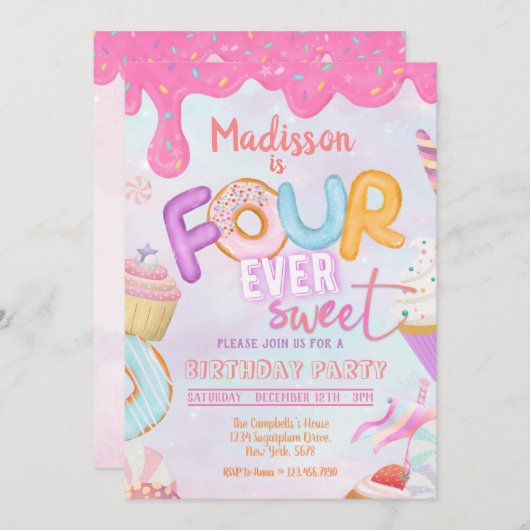 Fourever Sweet Girl 4. Geburtstag Einladung (Vorne/Hinten)