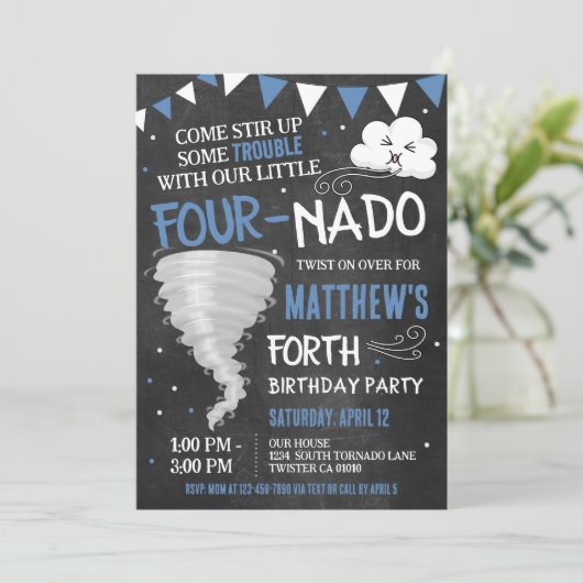 Fournado Birthday Einladung Tornado Twister Party (Stehend Vorderseite)