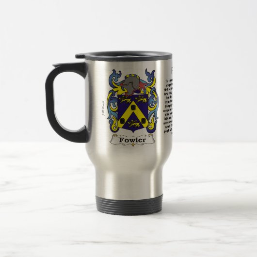 Fowler-Familienwappen auf einer Reise-Tasse Reisebecher (Links)