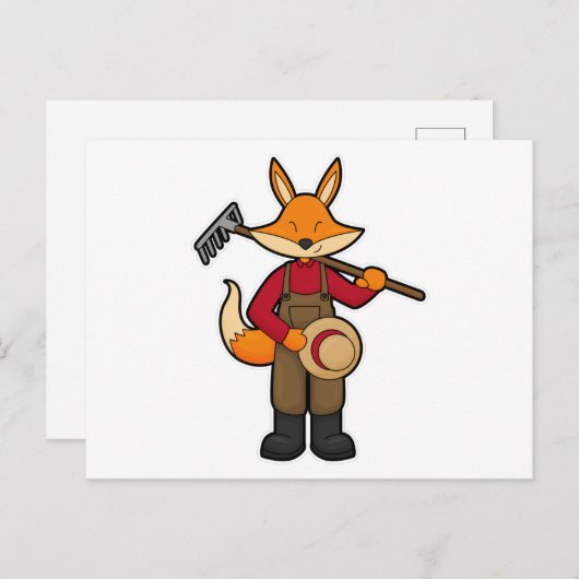 Fox als Bauer mit Rake & Hat Postkarte (Vorne/Hinten)