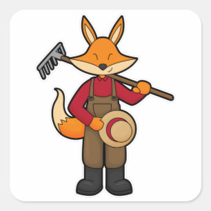 Fox als Bauer mit Rake & Hat Quadratischer Aufkleber