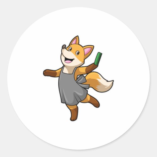 Fox als Friseur mit Schere Runder Aufkleber (Vorderseite)