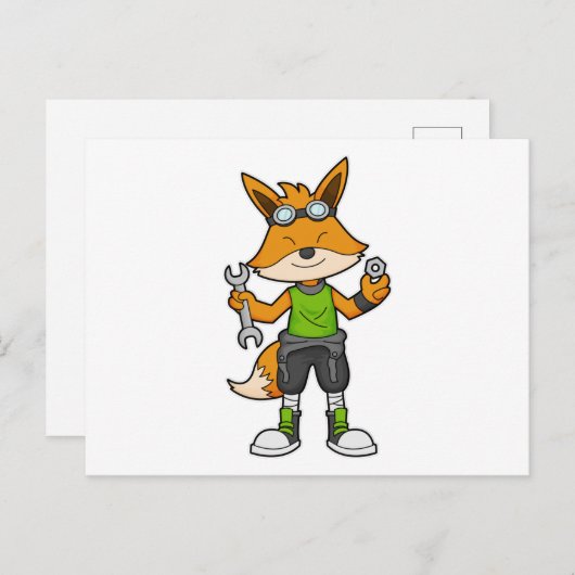 Fox als Mechanik mit Schraubenschlüssel und Nut Postkarte (Vorne/Hinten)