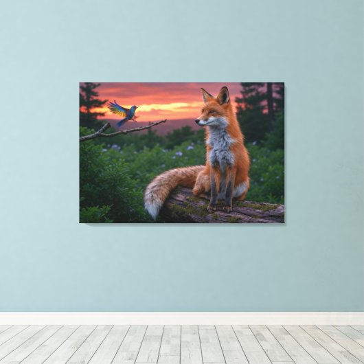 Fox and Bird bei Sonnenuntergang - ruhiger Wald Leinwanddruck (Insitu (Holzboden))