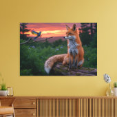 Fox and Bird bei Sonnenuntergang - ruhiger Wald Leinwanddruck (Insitu (Wohnzimmer))