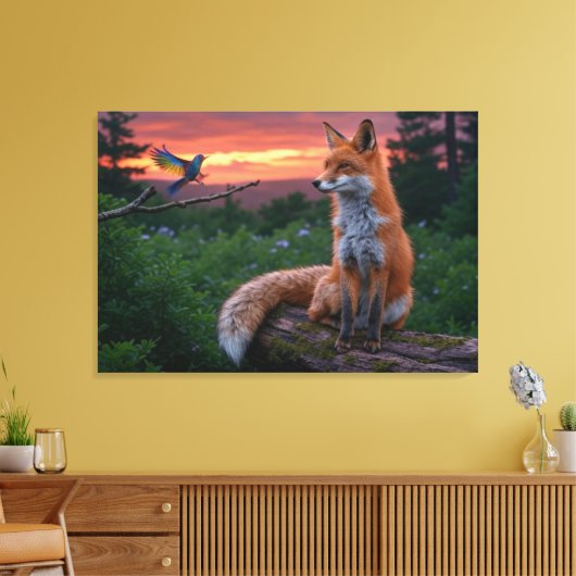 Fox and Bird bei Sonnenuntergang - ruhiger Wald Leinwanddruck (Insitu (Wohnzimmer))