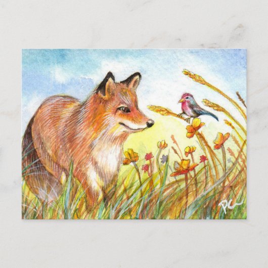 Fox and Bird in Field Postkarte (Vorderseite)