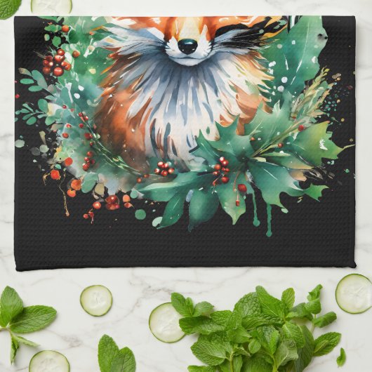 Fox and Holly with Red Berries Geschirrtuch (Gefaltet)