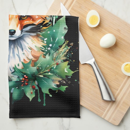 Fox and Holly with Red Berries Geschirrtuch (Viertel Falte)