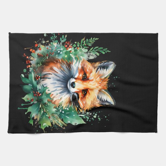 Fox and Holly with Red Berries Geschirrtuch (Horizontal)