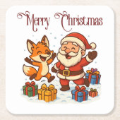 Fox and Santa Christmas Paper Coaster Rechteckiger Pappuntersetzer (Vorderseite)