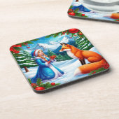 Fox and Snow Maiden in Winterwaldlandschaft Getränkeuntersetzer (Linke Seite)