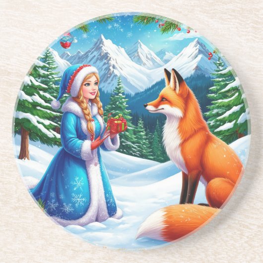 Fox and Snow Maiden in Winterwaldlandschaft Getränkeuntersetzer (Vorne)
