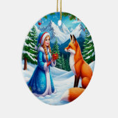 Fox and Snow Maiden in Winterwaldlandschaft Keramik Ornament (Rechts)