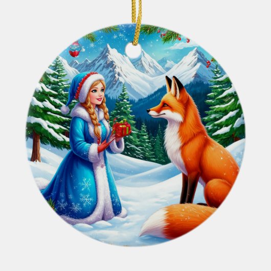 Fox and Snow Maiden in Winterwaldlandschaft Keramik Ornament (Vorne)