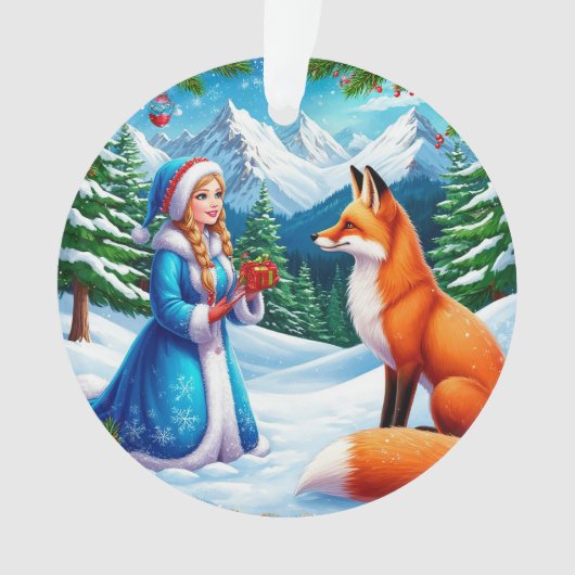 Fox and Snow Maiden in Winterwaldlandschaft Ornament (Vorderseite)