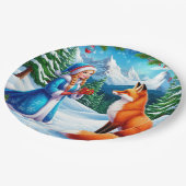 Fox and Snow Maiden in Winterwaldlandschaft Pappteller (Schrägansicht)