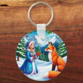 Fox and Snow Maiden in Winterwaldlandschaft Schlüsselanhänger (Vorderseite)