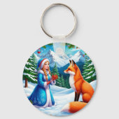 Fox and Snow Maiden in Winterwaldlandschaft Schlüsselanhänger (Rückseite)