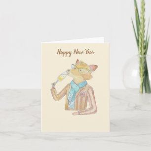 Fox and Sparkling wine new year greeting card Karte