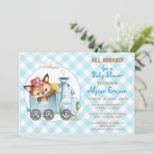 Fox and Train Gingham Blue Baby Shower Einladung (Stehend Vorderseite)